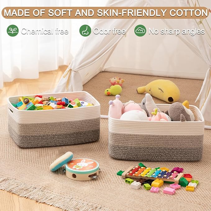 Large Storage Basket for Organizing, Woven Rope Basket for Shelves, Closet Organizer Bins for Clothes, Blanket, Toys, Baby Nursery Storage, 17.7" x 13" x 7.87", 2 Packs Yellow