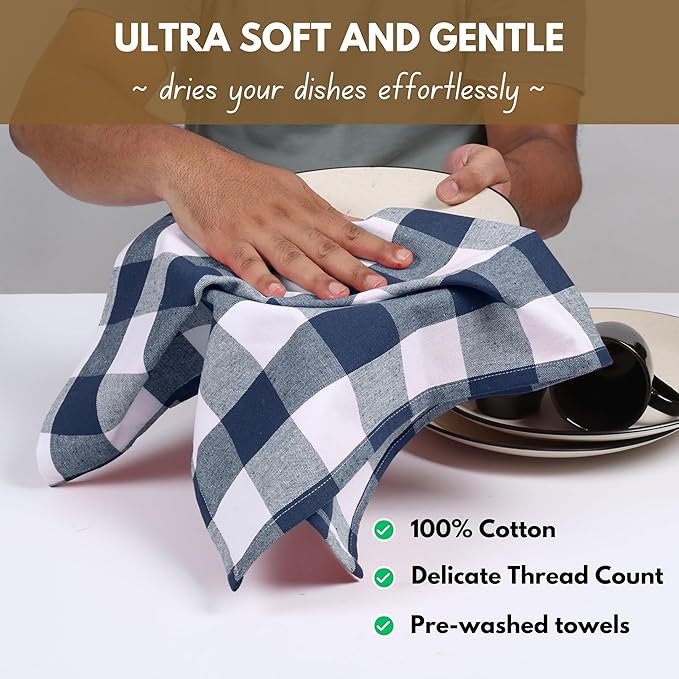 Native Fab 4-Pack Kitchen Towel with Hanging Loop 16x26 inches, Cotton Buffalo Check Kitchen Towels for Cleaning Drying, Washcloths Soft & Absorbent Cloth Rags, Bar Towel, Dish Cloth, Navy