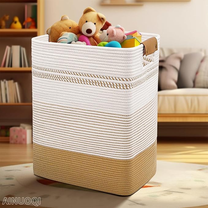 Laundry Hamper Large Laundry Basket with Leather Handles, Decorative Storage Cotton Rope Woven Basket for Blankets, Clothes Hamper for Living Room, Jute & White, 85L