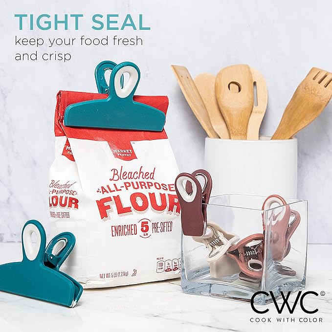 COOK WITH COLOR Bag Clips - Heavy Duty Chip Clip and Refrigerator Magnet Clips for Food Storage with Air Tight Seal Grip, Teal and Mauve, Pack of 8