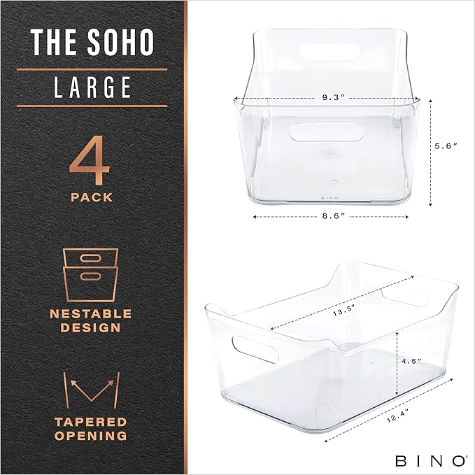 BINO | Plastic Organizer Bins, Large - 4 Pack | The SOHO Collection | Multi-Use | Pantry & Freezer Organizer Bins | Plastic Storage Containers for Home & Kitchen Org