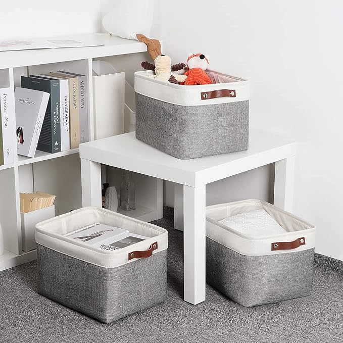 DULLEMELO Storage Baskets for Organizing, Rectangular Fabric Storage Bins Collapsible, Perfect for Shelves, Closets, Empty Gift Baskets (3-Pack Medium-15 inch X 11 inch X 9.5 inch , White&Grey)