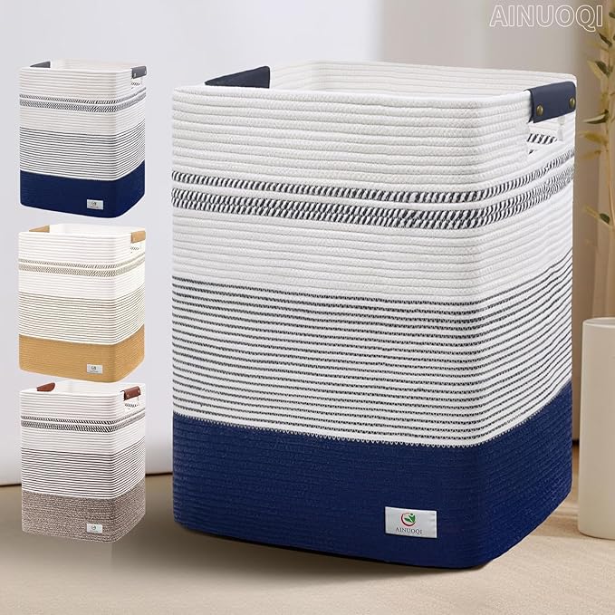 Large Laundry Basket - Tall Woven Rope Laundry Hamper with Leather Handles - Dirty Clothes hamper for Living room, Bedroom, 17.8" X 13.8" X 22", Dark Blue & White