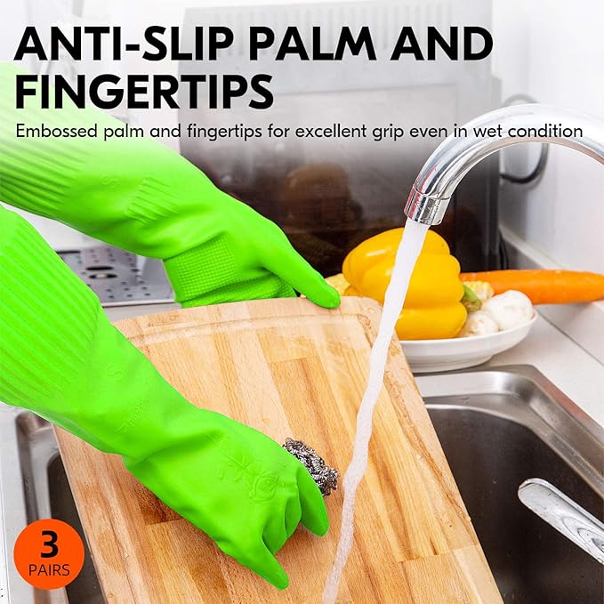 Vgo... 3-Pairs Dishwashing Gloves - Reusable Household, Kitchen, Long Sleeve, Thick Latex, Cleaning, Washing, Working, Painting, Gardening, Pet Care (Size S, Green, RB2143)