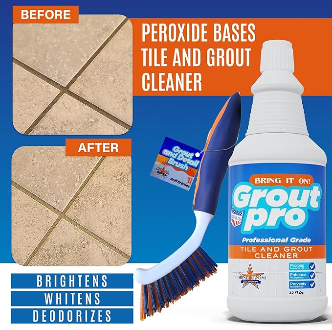 Bring It On Grout Cleaner Pro with Grout Cleaning Brush – 32Fl Oz Grout Cleaner for Shower Tile Includes 8-inch Heavy-Duty Grout and Tile Cleaner Brush – Effectively Removes Mineral Deposits
