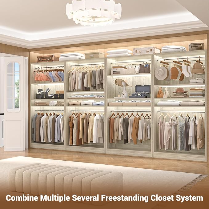 Unikito 3FT Freestanding Closet System with 2 Hanging Rods & Adjustable Shelve, 36'' Wood Closet Organizer System, Clothes Garment Rack, Sturdy Walk-in Closet Wardrobe Tower, Easy Assembly, White Oak