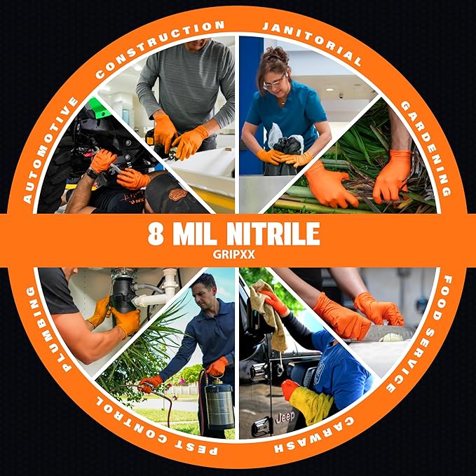 Herkules Grip Heavy Duty 8Mil Orange Nitrile Gloves,3D Raised Diamond Texture-Latex & Powder Free-Industrial, Mechanic