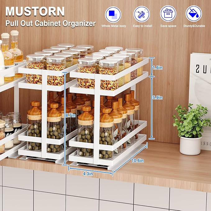 Pull Out Spice Rack Organizer for Cabinet, 2 Tier Metal Slide Out Seasoning Organizer and Storage Heavy Duty Vertical Spice Rack Shelf Pullout for Kitchen Cabinets No Drilling(1 Pack, White)