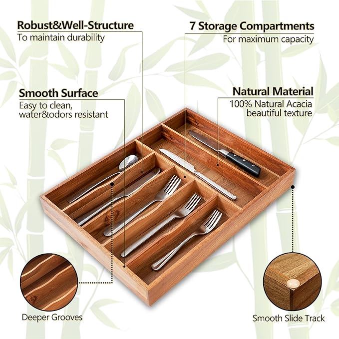 Silverware Organizer, 12.5 Inch Utensil Organizer Kitchen Drawer Organizer Acacia Silverware Holder Cutlery Tray Organizer in Drawer Flatware Organizer Tray(7 slots, Acacia）