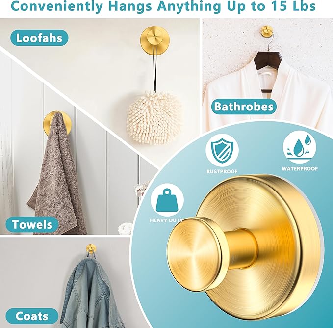 Suction Cup Hooks for Shower,Wreath Hanger for Front Door,Removable No Drill Waterproof Towel Loofah Hook,Upgraded 15 lbs Strong Suction Metal Hooks for Bathroom,Wall,Garland Glass Door-Gold 2 Pcs