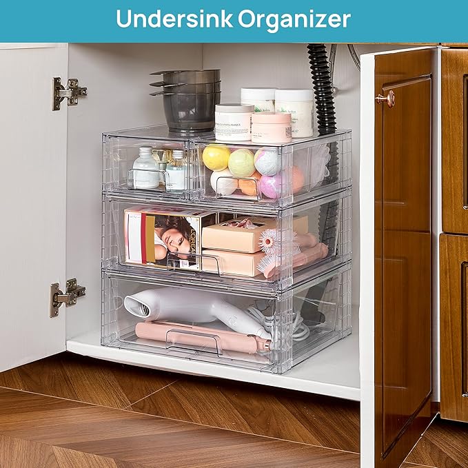 Vtopmart 3 Pack Stackable Storage Drawers, Easily Assemble Acrylic Bathroom Undersink Organizers,Clear Plastic Storage Bins for Closet,Cabinet,Pantry,Medicine Organization