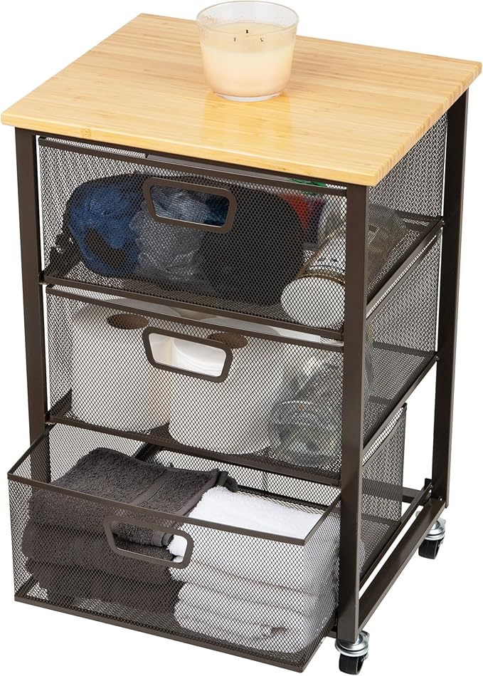 Mind Reader 3-Drawer Rolling Storage Cart, Office Organizer with Wood Top, Multipurpose Portable Cabinet with Wheels, Metal Mesh, Black