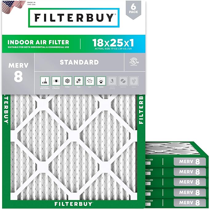 Filterbuy 18x25x1 Air Filter MERV 8 (MPR 700) Dust Defense Replacement (6-Pack), Electrostatic Pleated HVAC AC Furnace Filters, Made in USA (Actual Size: 17.50 x 24.50 x 0.75)