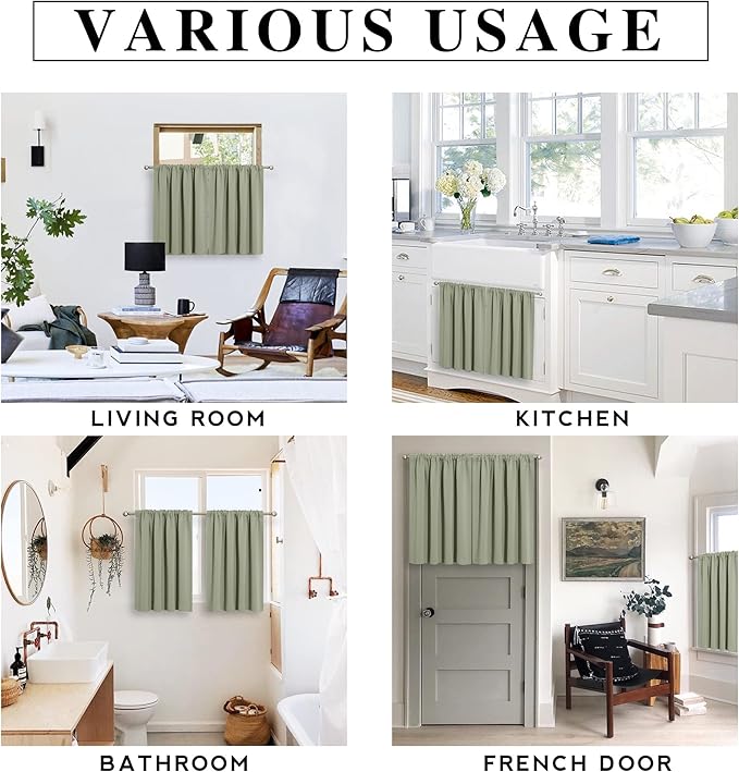 RYB HOME Blackout Curtains for Kitchen, Over Sink Privacy Curtains Window Decor, Thermal Insulating Drapes for Bathroom Cafe Bedroom Small Window, W 42 x L 24 inch, Sage Green, 2 Panels