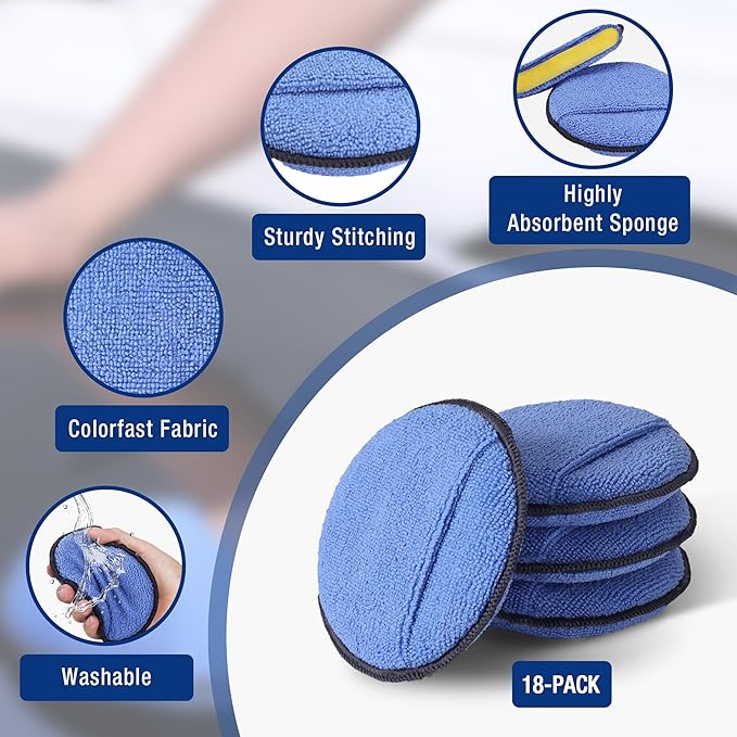 WORKPRO 18-Pack Car Wax Applicator Pads with Finger Pocket, Microfiber Soft Foam Polishing Pads for Car Detailing & Cleaning, Lint-Free, High Resilience