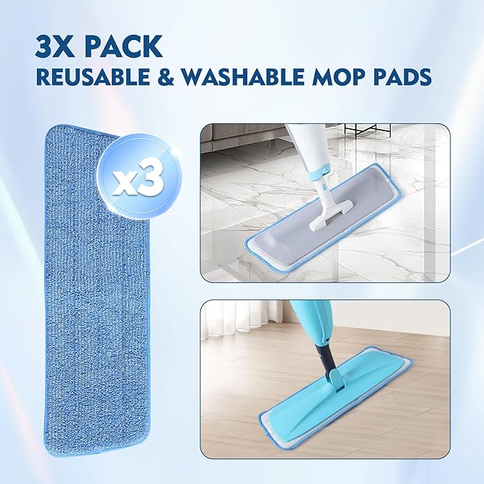 3 Pack Microfiber Mop Pads, Mop Replacement Pads Refills Floor Spray Mop Pads Wet Moping Pads Refill Reusable Pads Suitable for All Spray Mops Cleaning
