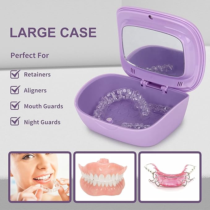 MURRI&MURRDI Retainer Case, Denture Bath Box with Strainer Basket, Mouth Guard Case, Braces Cleaner Cup, Cute Denture Holder Nightguard Storage Soak Container for Travel Cleaning (C Purple)