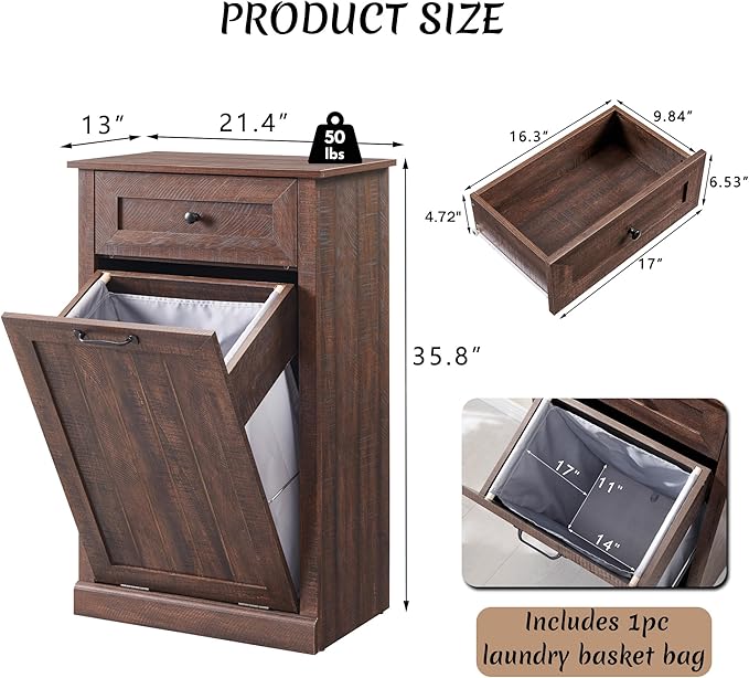 Tilt Out Laundry Hamper Cabinet, 10 Gallon Farmhouse Trash Can Cabinet with Drawer, Hidden Wood Garbage Can Bin Cabinet with Laundry Storage Basket for Bathroom, Kitchen, Brown