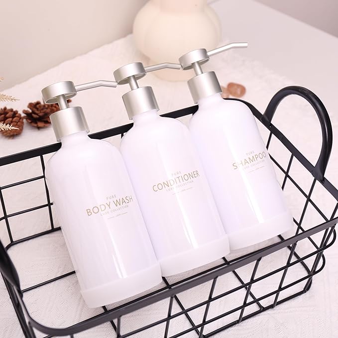 Shampoo and Conditioner Dispenser Set of 3,Refillable 21oz Shampoo Bottles with Non-Slip Protective Silicone Pad,Shower Soap Dispenser with Waterproof Labels for Bathroom (White)
