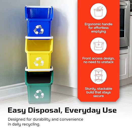 Multi Bin Recycling System with Nine Stackable 6 Gallon Recycle Bins to Build Your Recycling Center for Offices, Kitchen, Garages, Businesses (9 Pack, Blue/Yellow/Green)