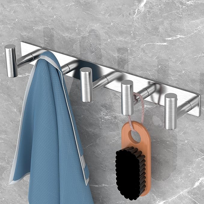 VAEHOLD Silvery Hat and Coat Wall Mount Rack - 5 Hooks for Robes, Bags, Keys, and Towels - Bathroom Towel Hanger Organizer (2 Pack)