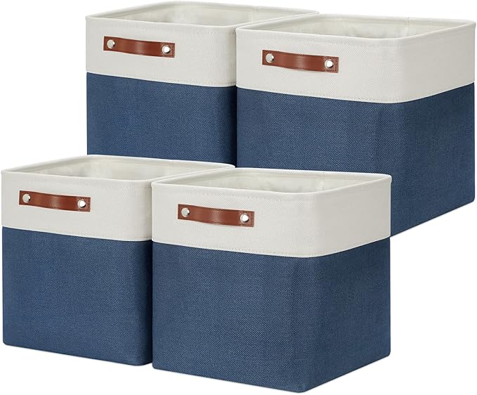 DULLEMELO Foldable Storage Cubes 12 x 12 Organizer Bins,Canvas Storage Bins Empty Gift Baskets for Organizing with SturdyLeather Handles, Closet Baskets for Nursery Storage(4 Pack - 12" White&Blue)