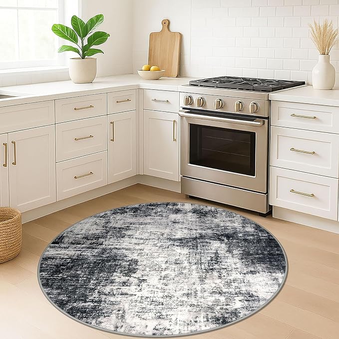 IOHOUZE Round Area Rug 5 Ft Circle Entryway Rugs Round Washable Door Mat Indoor Entrance, Non Slip Circle Front Door Rug, Printed Abstract Faux Wool Floor Carpet for Foyer Porch Sink, Black Grey