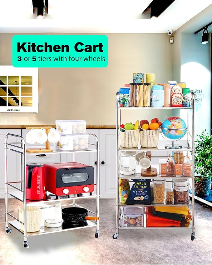 susunnus Stainless Steel Cart with Wheels 5 Tier,Stainless Steel Kitchen Cart,Utility Cart,Metal Cart with Wheels,Suitable for Various Occasions,Movable,Gift Tools