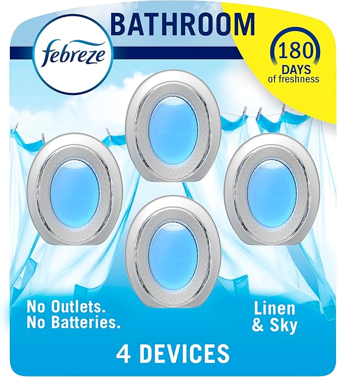 Febreze Bathroom Air Freshener, Odor-Fighting, Plug In Alternative, Air Fresheners for Home and Bathroom and Kitchen, Closet Air Fresheners, Linen & Sky Scent, 4 Count