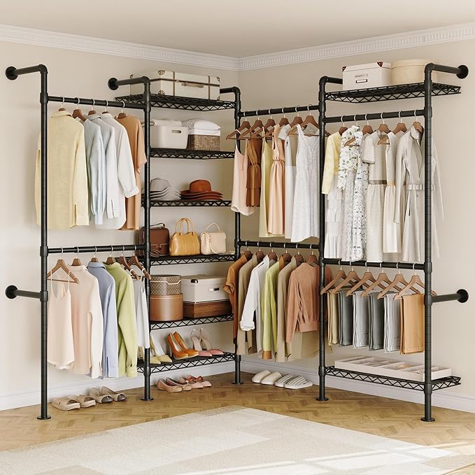 ONBRILL L4 Wall Mounted Industrial Pipe Clothing Rack, Closet Organizer System with 6 Hanging Clothes Rods ( 4 Expandable Rods) & 8 Shelves, Heavy Duty Corner Garment Rack, Large Wardrobe - Black