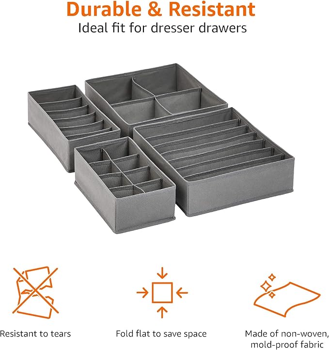 Amazon Basics Dresser Drawer Storage Organizer for Undergarments, Set of 4 - Gray