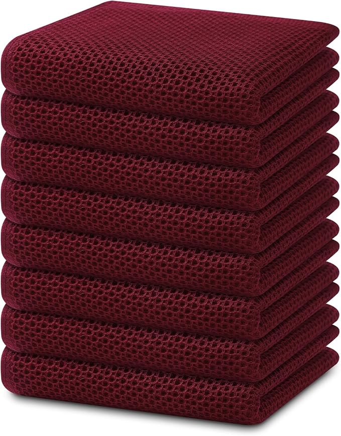 Homaxy 100% Cotton Waffle Weave Kitchen Dish Towels, Ultra Soft Absorbent Quick Drying Cleaning Towel, 13 x 28 Inches, 8-Pack, Burgundy