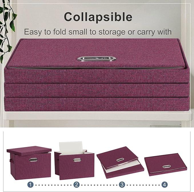Large 17" 36 Quart Collapsible Stackable Storage Bins with Lids, 3 Packs Purple Linen Fabric Closet Boxes with Lids, Storage Cube Baskets Container Organizers for Bedroom Office (17x12x11)