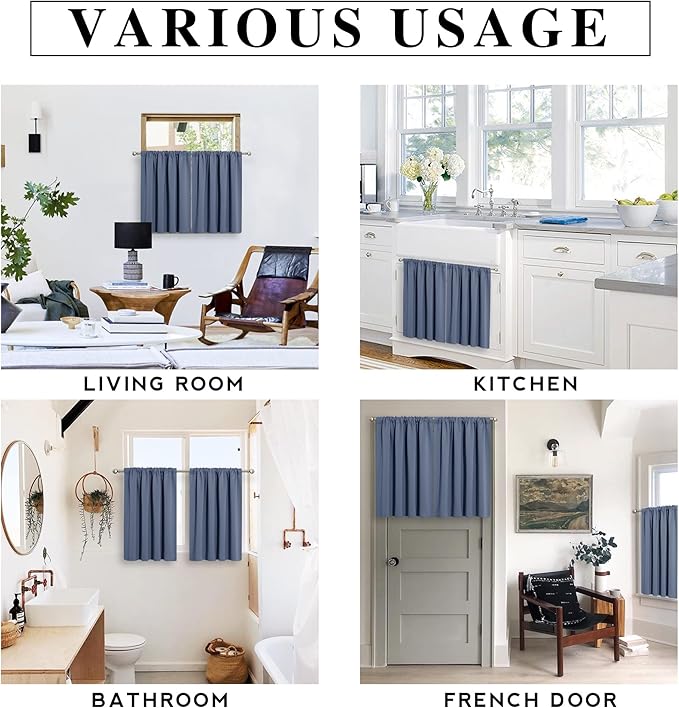 RYB HOME Small Curtains for Bathroom Windows, Blackout Blinds Shades for Bedroom Dorm Storage Cabinet Door Basement Farmhouse Decor, W 34 x L 36 inches, Stone Blue, 2 Panels