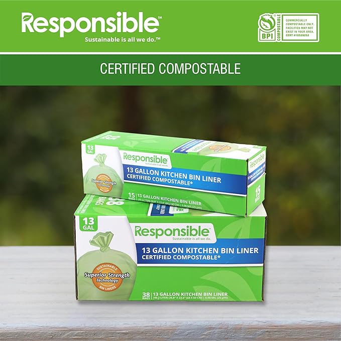 Responsible Products Kitchen Bin Liners, Certified Compostable, Heavy Duty Multipurpose Food Scrap Bags, Made from Compostable Materials (13 Gallon, 13 Gallon (38 Count))