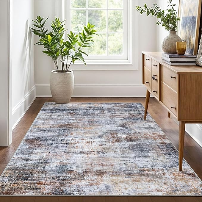 IOHOUZE Abstract Area Rug 4x6 Ft Washable Rugs for Entryway Indoor, Non Slip Small Living Room Rugs Printed Faux Wool Throw Rug, Floor Carpet for Kitchen Nursery Playroom, Orange Grey