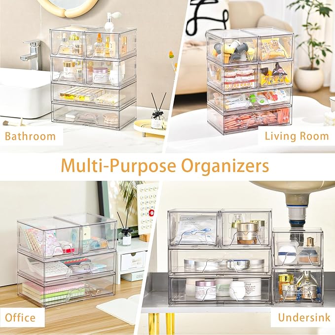 4 Pack Stackable Storage Drawers Clear Acrylic Organizer Bathroom Makeup Organizer and Storage for Beauty Supplies,Ideal for Vanity, Bathroom,Cabinet,Pantry Organization