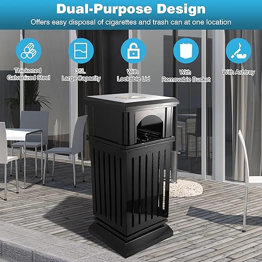 IRONWALLS Commercial Trash Can with Lid, Black Outdoor Garbage Can for Patio, Side Opening Steel Square Commercial Waste Bin, Decorative Trash Container with Removable Inner Bucket for Park, Garden
