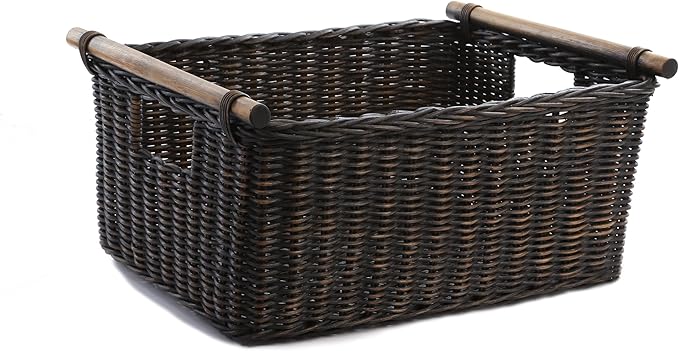 The Basket Lady Pole Handle Wicker Storage Basket, Large, 18 in L x 14.5 in W x 9 in H, Antique Walnut Brown