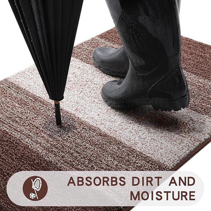 Kitinjoy Indoor Outdoor Door Mat, 47x20 Non-Slip Absorbent Dirt Trapper, Low-Profile Washable Inside Entrance Front Floor Mat, Sturdy Soft Entry Doormats for Entryway, Brown