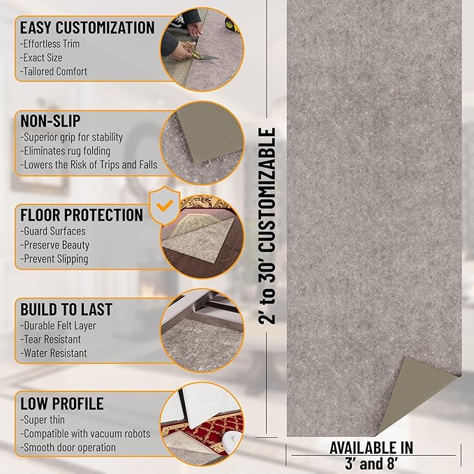 Ottomanson 4' x 8' Non-Slip Rug Pad Gripper 1/4 Inch Thick Dual Surface Felt + Rubber Gripper - Safe for All Floors, Brown