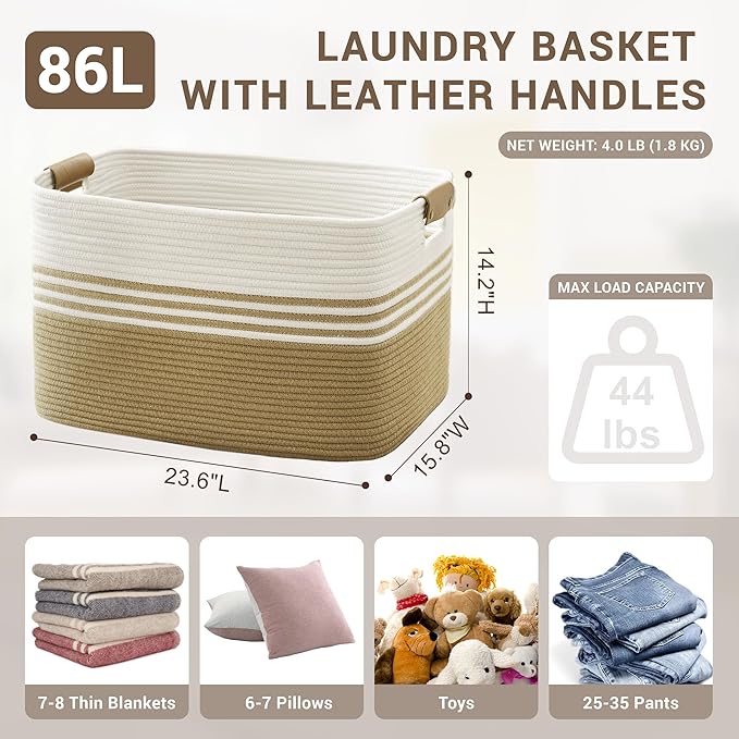 86L Extra Large Laundry Basket with Leather Handles for Living Room Storage, Woven Rope Baskets for Blanket, Kids Toy, Gifts, Wicker Hamper for Bedroom Dirty Clothes, 24"x16"x14" Khaki