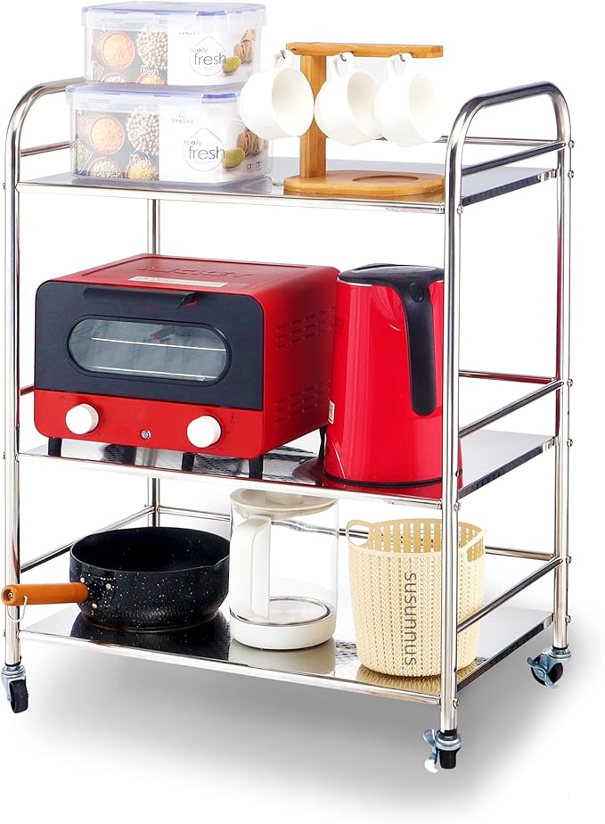 susunnus Stainless Steel Cart with Wheels 3 Tier,Stainless Steel Kitchen Cart,Utility Cart,Metal Cart with Wheels,Suitable for Various Occasions,Movable,Gift Tools