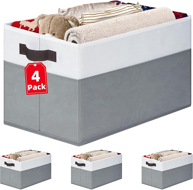 4 Pack Large Closet Storage Baskets Bins for Shelves | Fabric Closet Organizers and Storage with Handles Home Organization | Decorative Collapsible Baskets for Organizing Clothes Toy Nursery 14"x10"