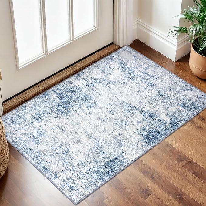 IOHOUZE Small Abstract Area Rug 2x3 Ft Entryway Rugs Washable Door Mat Indoor Entrance, Rubber Backed Throw Rugs, Printed Non Slip Floor Carpet for Foyer Front Door Sink, Light Blue White