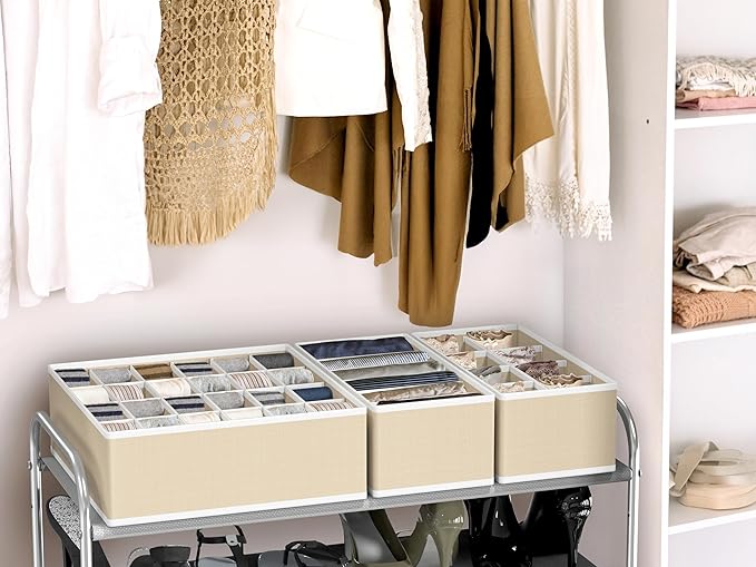 Simple Houseware 4-Pack Drawer Organizer Set - Closet Dividers for Underwear, Socks, Bras, Scarves, Ties - Foldable Non-Woven Storage Boxes, Beige