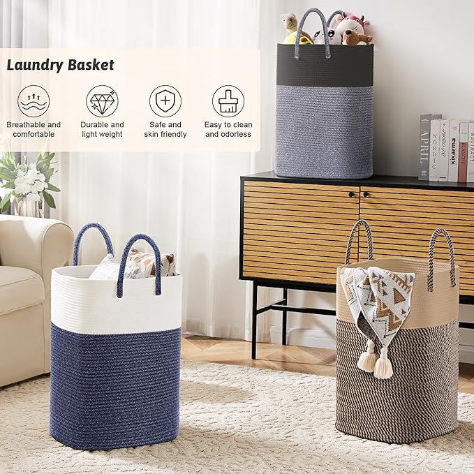 Laundry Basket,Woven Cotton Rope Laundry Hamper,Versatile Storage for Dirty Clothes,Baby Toys,and Blankets in Bathroom, Nursery,and Living Room (Blue, 80L)