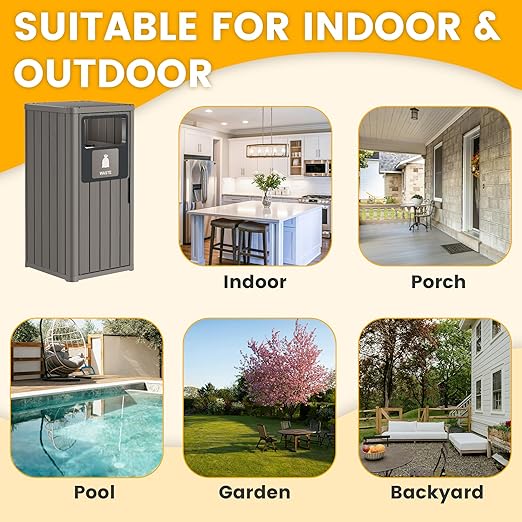 Outdoor Trash Can Waterproof Resin Garbage Can with Garbage Labels Outdoor Trash Bin for Patio, Garden,Kitchen