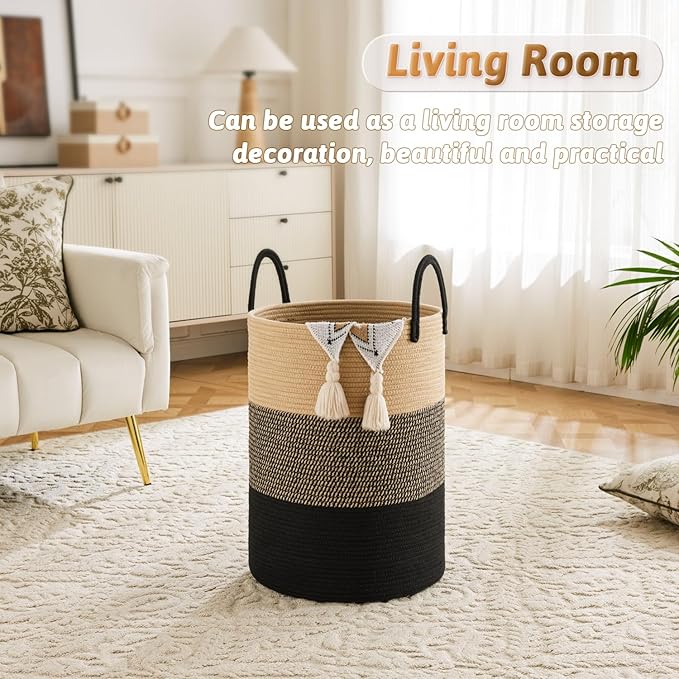 Laundry Basket,Woven Cotton Rope Laundry Hamper,60L for Decorative Storage of Dirty Clothes,Toys and Blankets in Bathroom,Bedroom and Living Room