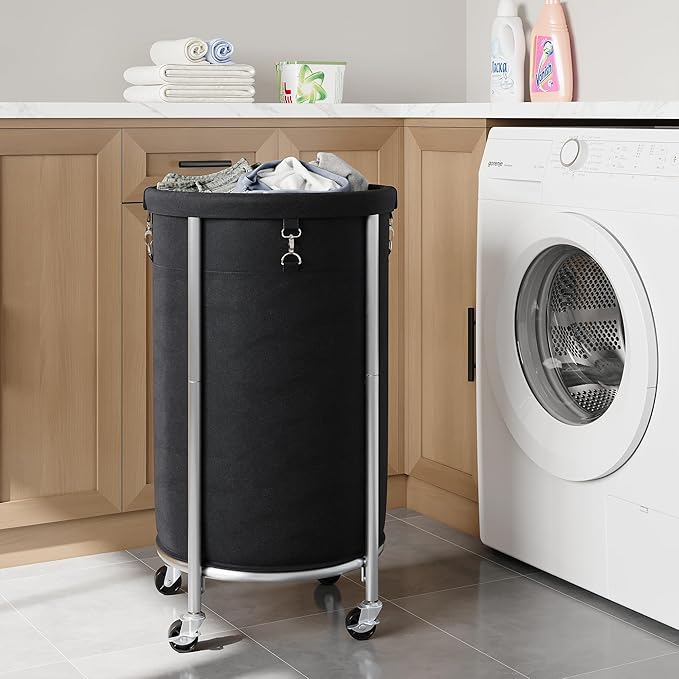 ELYKEN Laundry Hamper with Wheels, 110L Rolling Laundry Basket, Round Laundry Cart with Steel Frame and Removable Bag, 4 Casters and 2 Brakes, Dirty Clothes Hamper for Hotel, Home, Closet, Dorm, Black